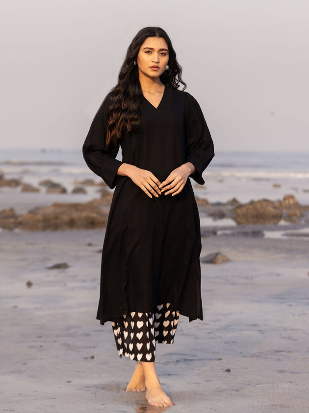 Malang Solid Black Slub Long Kurta