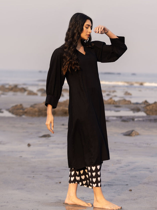 Malang Solid Black Slub Long Kurta