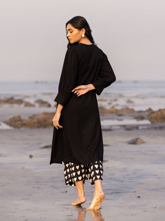 Malang Solid Black Slub Long Kurta
