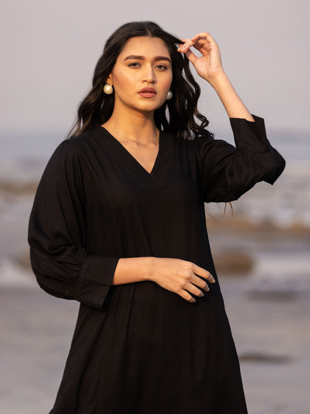 Malang Solid Black Slub Long Kurta
