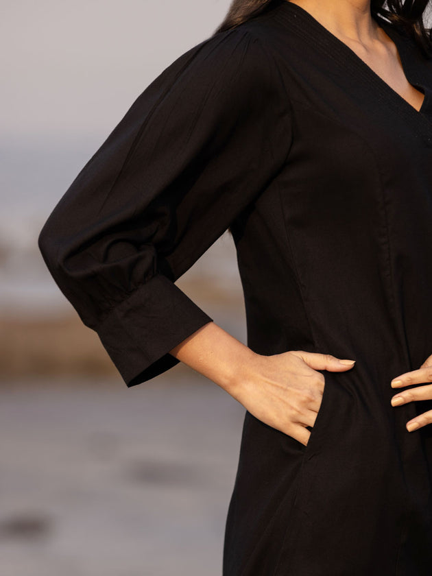 Malang Solid Black Slub Long Kurta