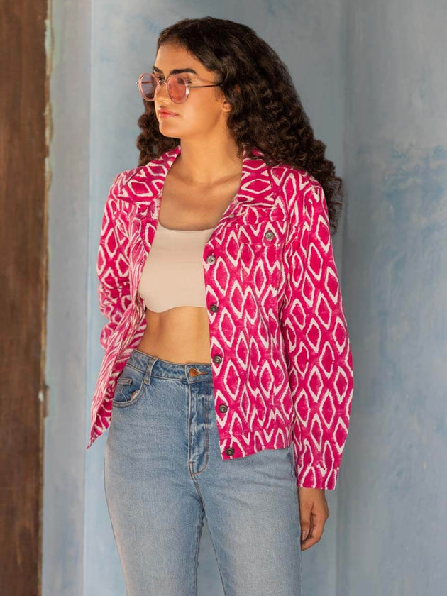 Musafir Ikat Hand block Printed Demin Jacket
