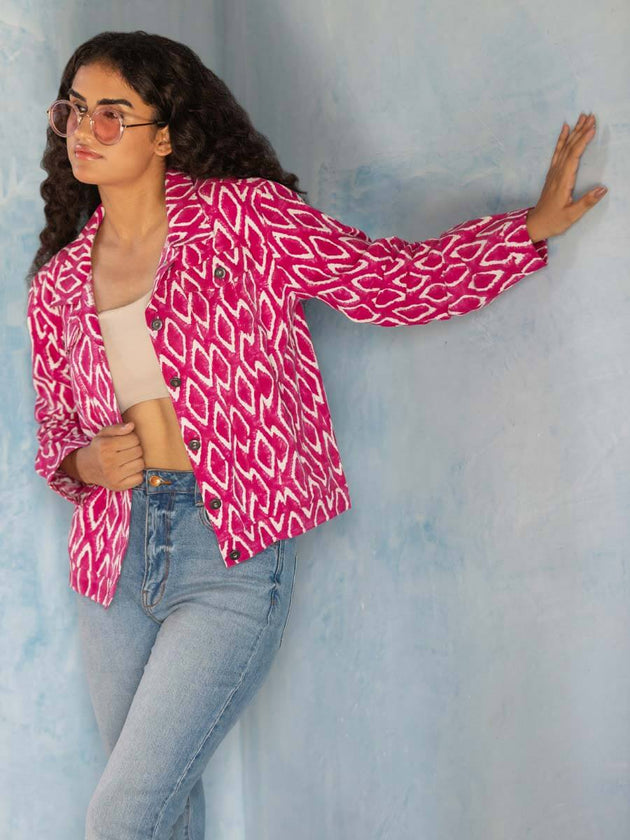 Musafir Ikat Hand block Printed Demin Jacket | Pinklay