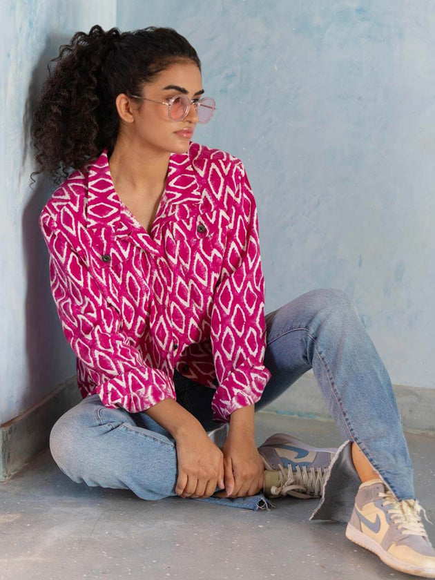 Musafir Ikat Hand block Printed Demin Jacket