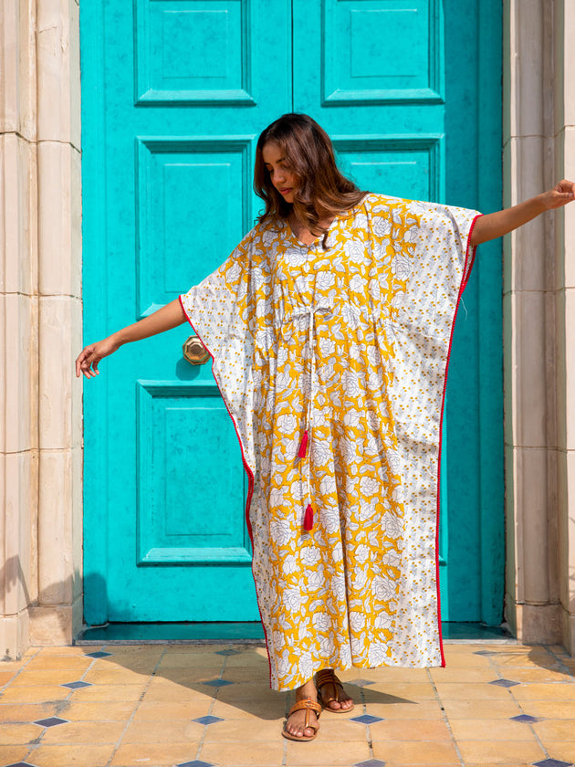 Mustard Fields Printed Cotton Kaftan -Pinklay