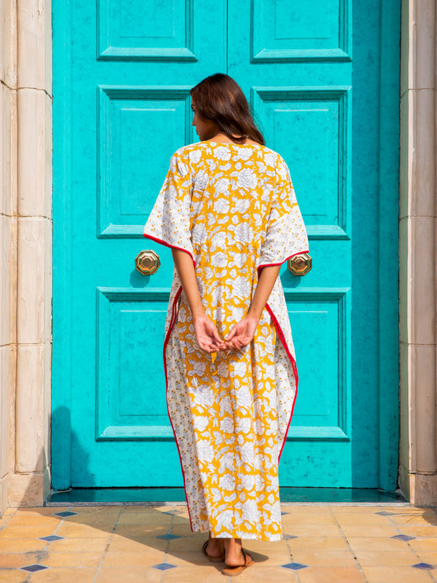 Mustard Fields Printed Cotton Kaftan -Pinklay