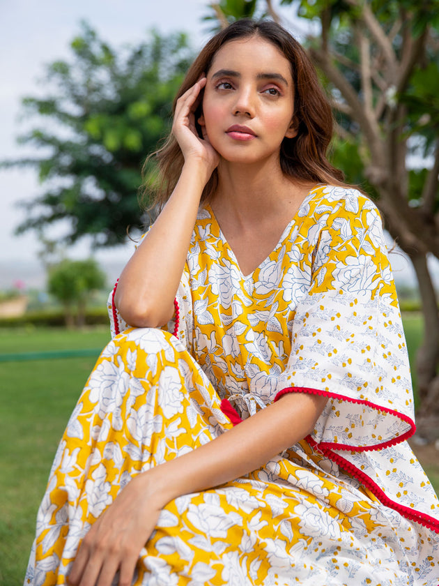 Mustard Fields Handblock Printed Cotton Kaftan- Pinklay.