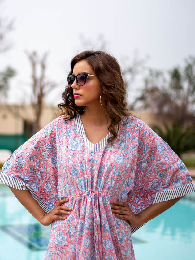 Summer Wine Hand Block Printed Cotton Kaftan - Pinklay
