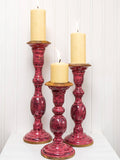 Set of 3 - Pink Sapphire Wooden Carved Candle Stand - Pinklay