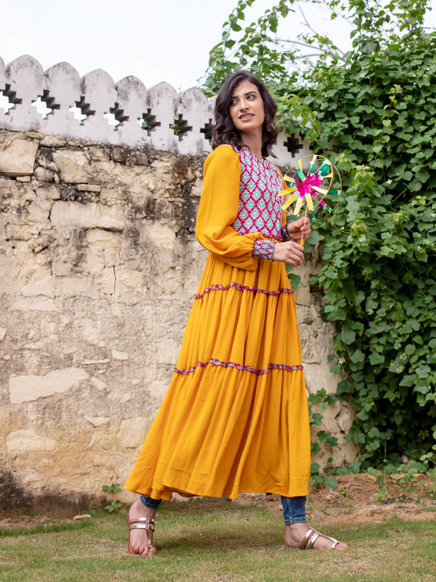 Indian Marigold Quilted Anarkali Jacket Dress - Pinklay