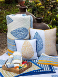 Indigo Mustard Block Printed Cotton Cushion Cover - 16 Inch - Pinklay