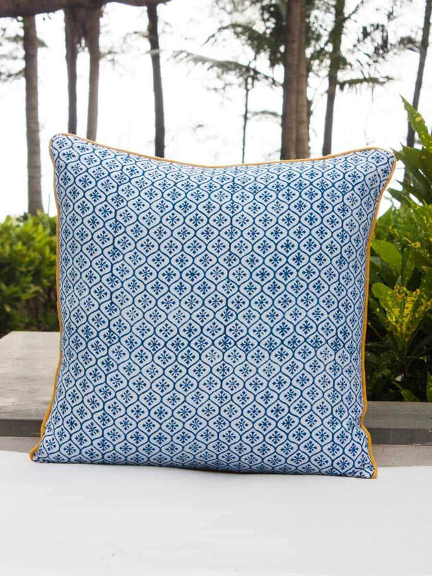 Indigo Mustard Block Printed Cotton Cushion Cover - 16 Inch - Pinklay