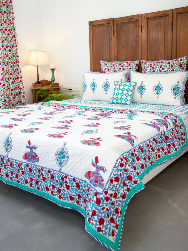 Mahtab Whirling Dervish Block Printed Cotton Quilt - Pinklay