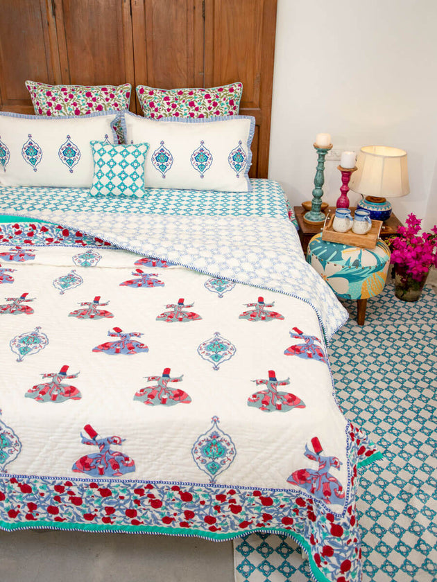 Mahtab Whirling Dervish Block Printed Cotton Quilt - Pinklay