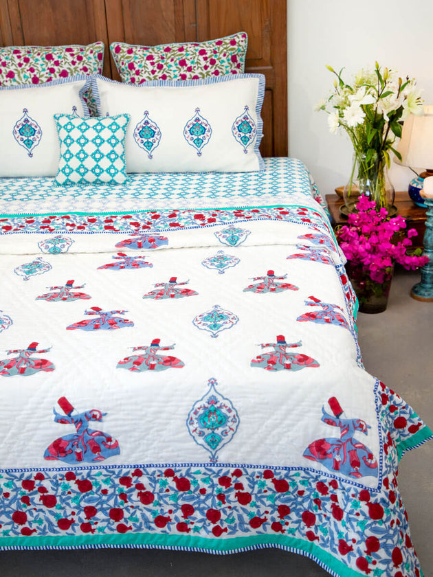 Mahtab Whirling Dervish Block Printed Cotton Quilt - Pinklay