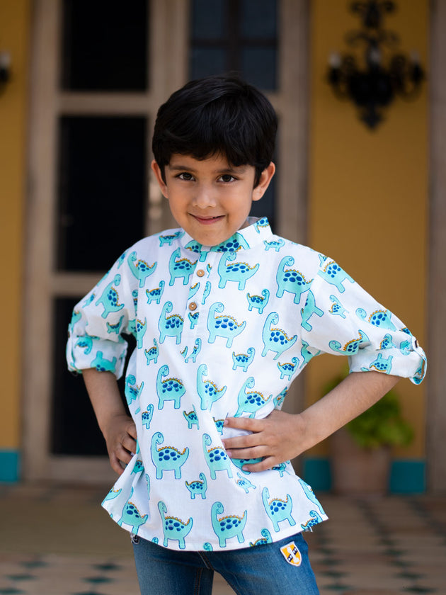 Dino Shirt Kurta with Roll Up Sleeves (Short Kurta) - Pinklay