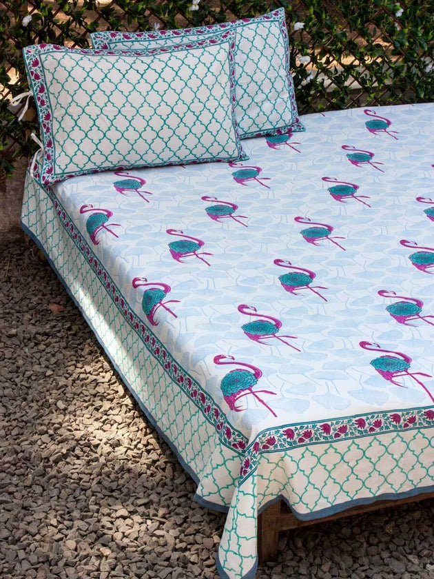 Flamingo Block Printed Cotton Bedsheet - Pinklay