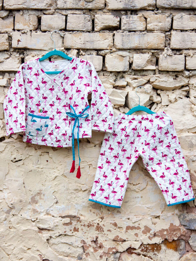 Flamingo Quilted Organic Cotton Angrakha Set - Pinklay