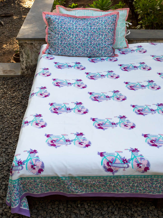 Floral Ride Block Printed Cotton Bedsheet - Pinklay