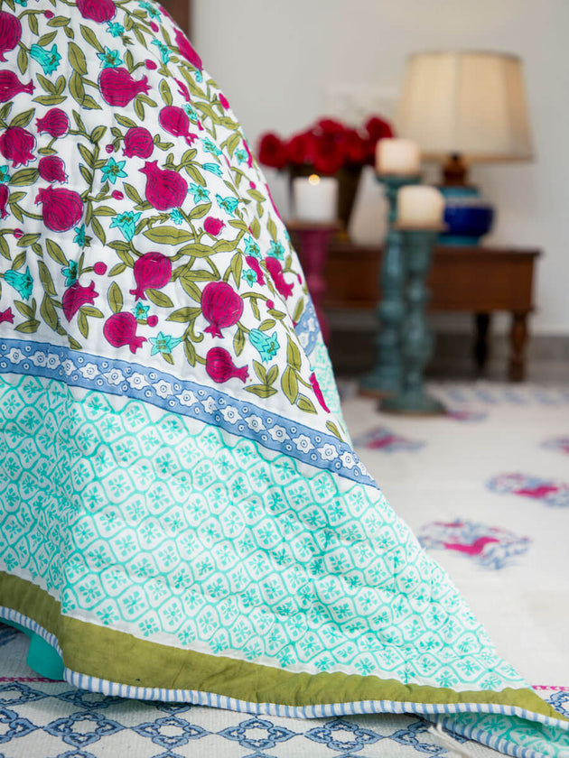 Fruit of Paradise Block Printed Cotton Quilt - Pinklay
