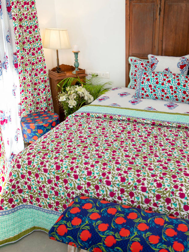 Fruit of Paradise Block Printed Cotton Quilt - Pinklay