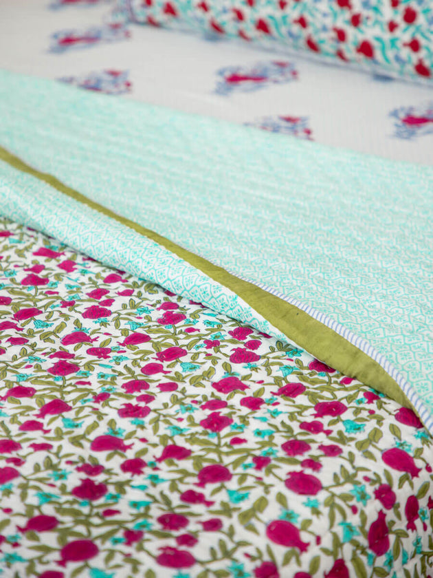 Fruit of Paradise Block Printed Cotton Quilt - Pinklay