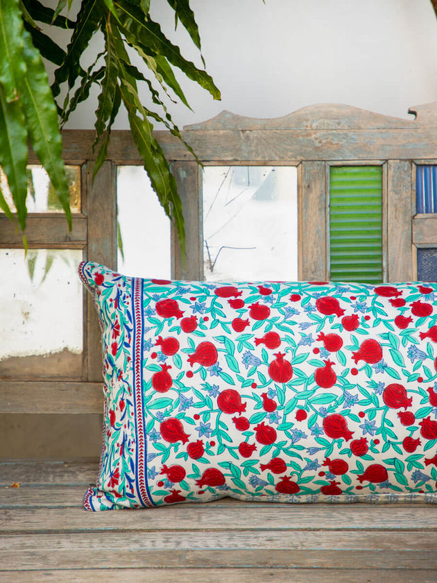 Fruits of Paradise Block Printed Cotton Cushion Cover - 16 X 48 Inch - Pinklay