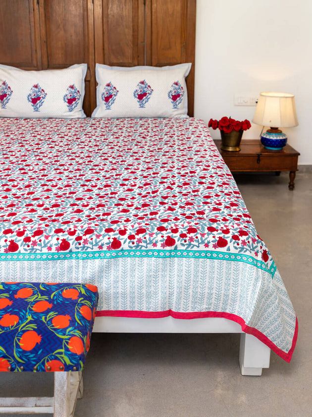 Fruit of Paradise Block Printed Cotton Bedsheet - Pinklay