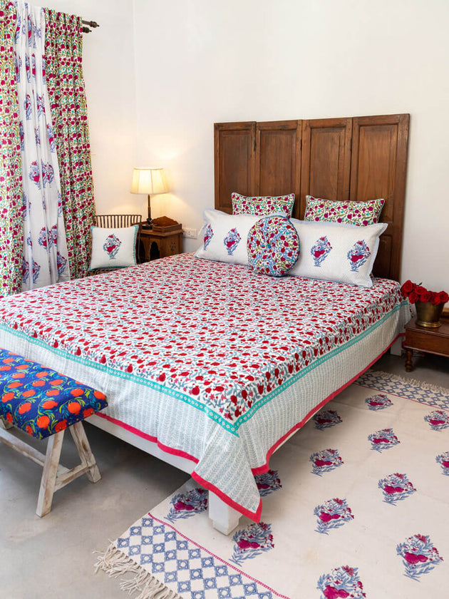 Fruit of Paradise Block Printed Cotton Bedsheet - Pinklay