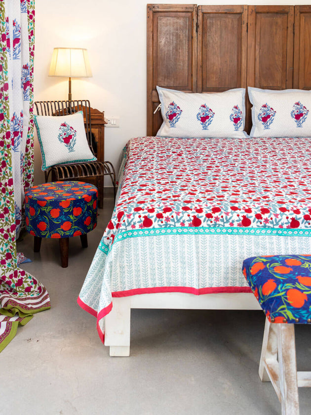 Fruit of Paradise Block Printed Cotton Bedsheet - Pinklay