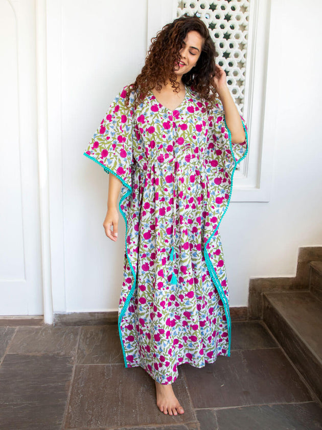 Fruits of Paradise Hand Block Print Cotton Kaftan - Pinklay