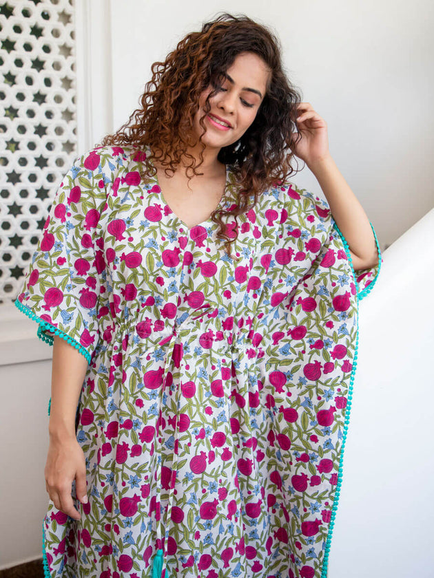 Fruits of Paradise Hand Block Print Cotton Kaftan - Pinklay