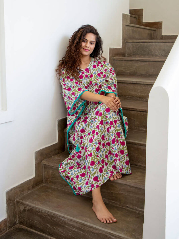 Fruits of Paradise Hand Block Print Cotton Kaftan - Pinklay