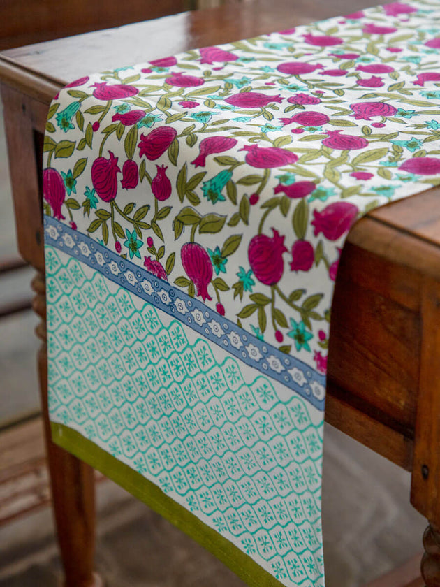 Fruits of Paradise Hand Block Print Cotton Table Runner - Pinklay