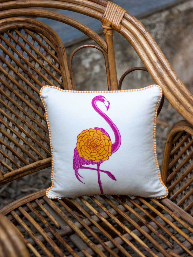 Flamingo Block Printed Cotton Cushion Cover - 12 Inch - Pinklay