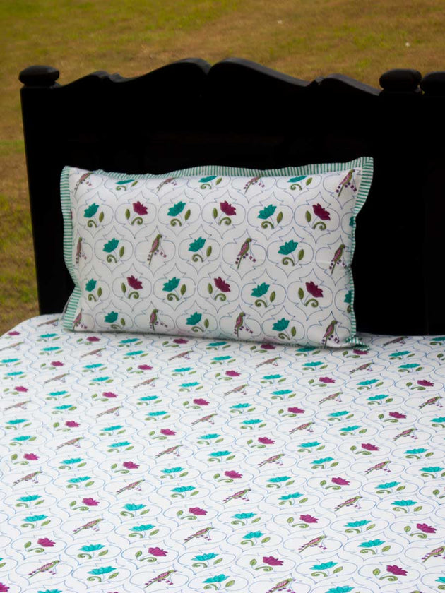 Lotus Jaal Block Printed Cotton Bedsheet - Pinklay