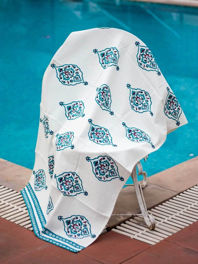 Mahtab Block Printed Waffle Bath Towel - Pinklay