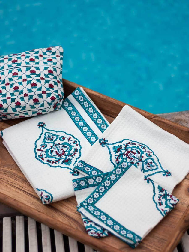 Mahtab Block Printed Waffle Bath Towel - Pinklay
