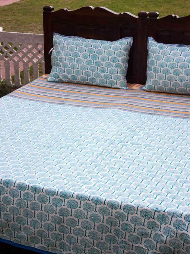 Mahtab Garden Block Printed Cotton Bedsheet - Pinklay