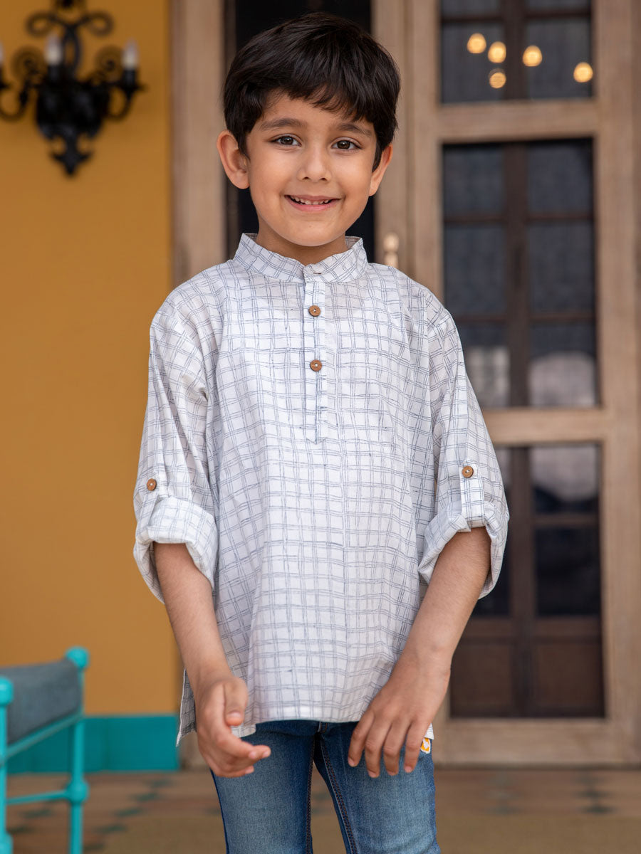 Checkmate Organic Cotton Shirt Kurta with Roll Up Sleeves Pinklay
