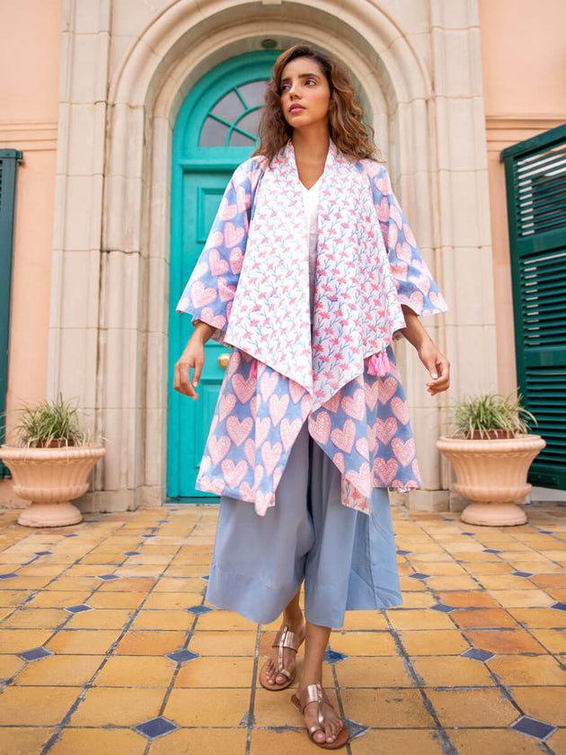 Misty Morning Hand Block Print Waterfall Reversible Shrug - Pinklay