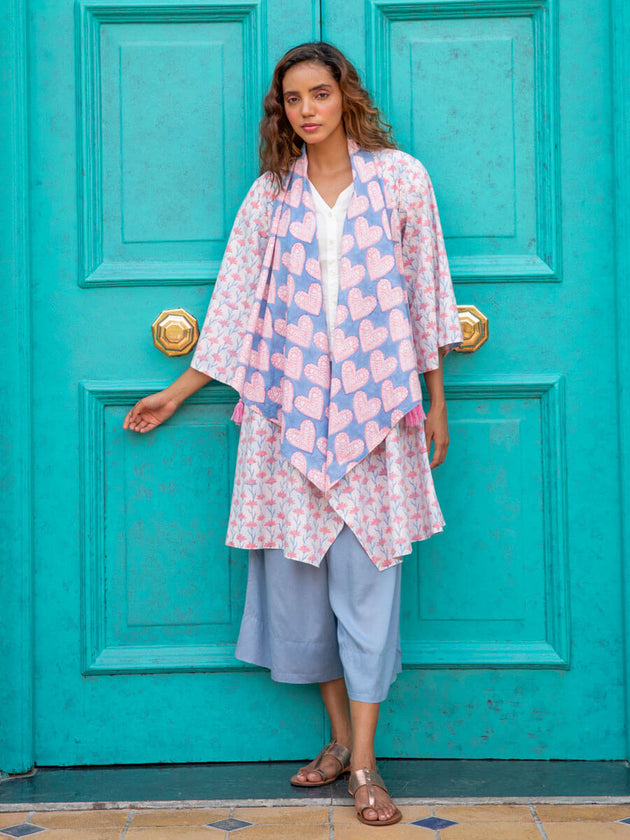 Misty Morning Hand Block Print Waterfall Reversible Shrug - Pinklay
