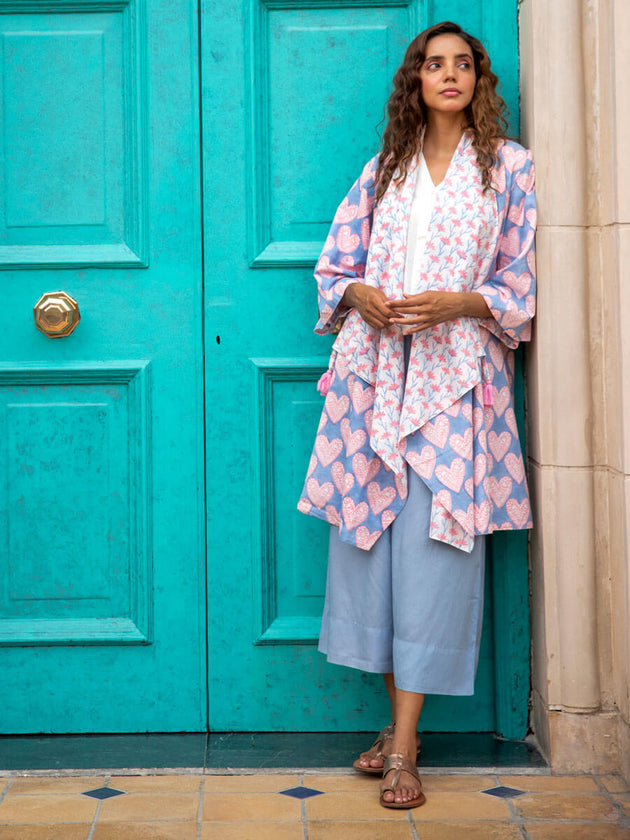 Misty Morning Hand Block Print Waterfall Reversible Shrug - Pinklay