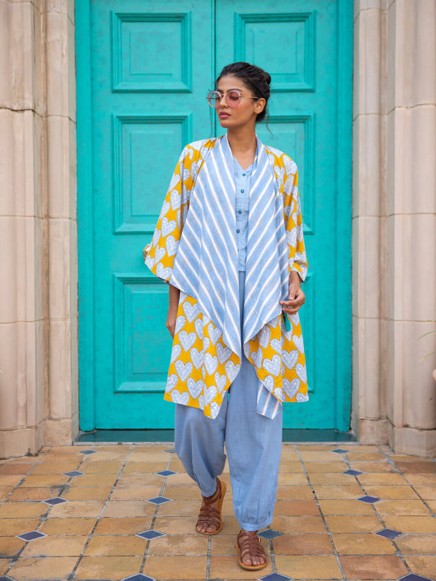 Mustard Fields Hand Block Print Waterfall Reversible Shrug - Pinklay