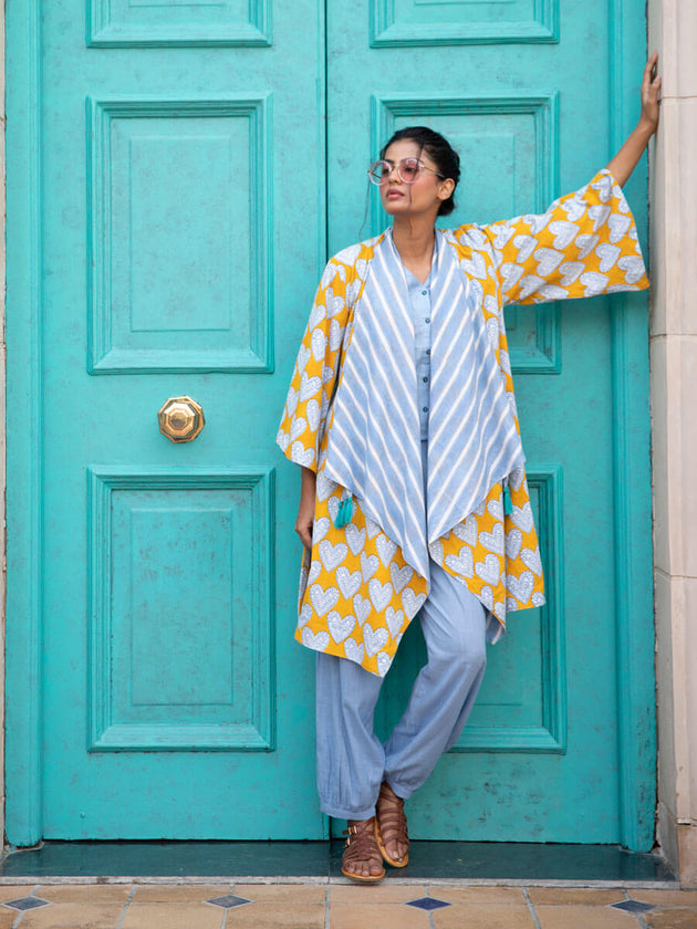 Mustard Fields Hand Block Print Waterfall Reversible Shrug - Pinklay