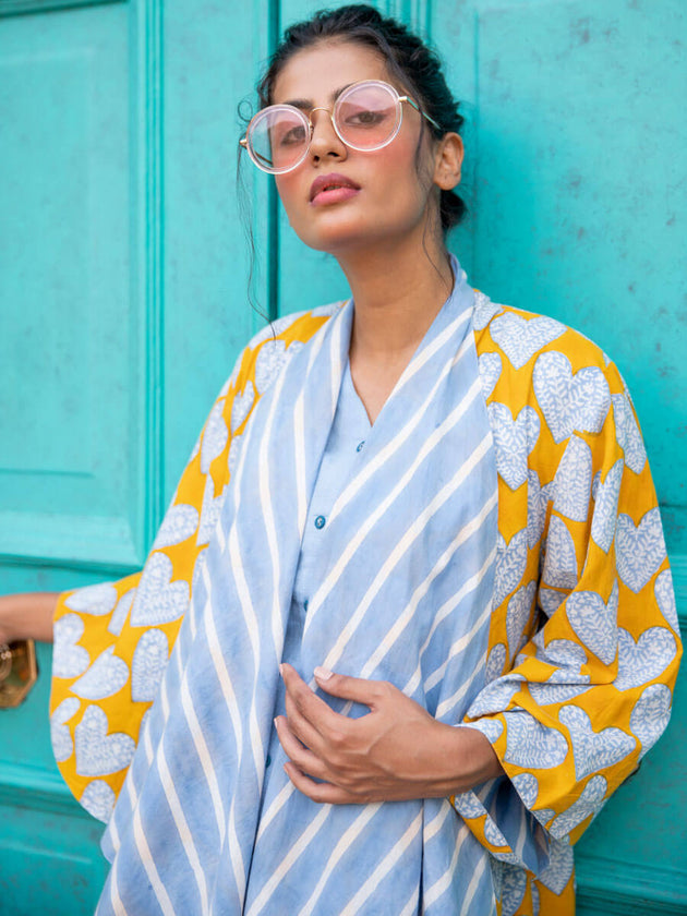 Mustard Fields Hand Block Print Waterfall Reversible Shrug - Pinklay