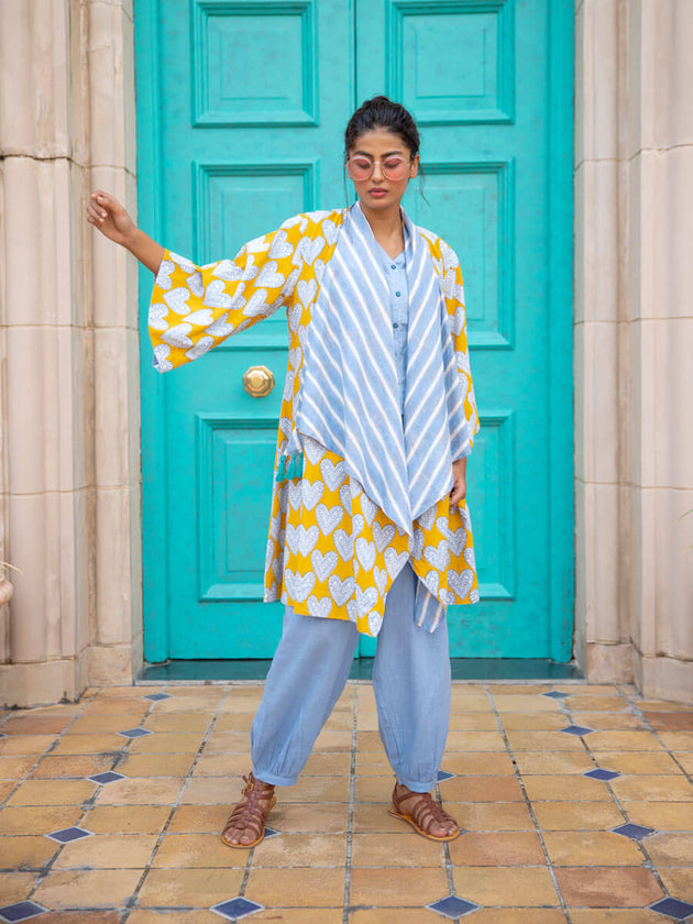 Mustard Fields Hand Block Print Waterfall Reversible Shrug - Pinklay