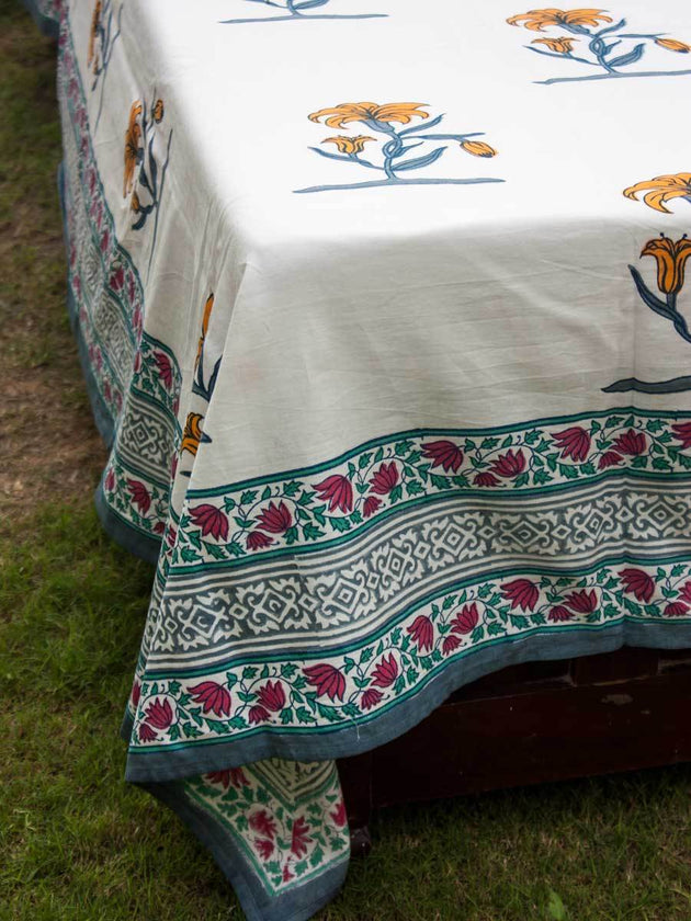 Pookalam Floral Block Printed Cotton Bedsheet - Pinklay