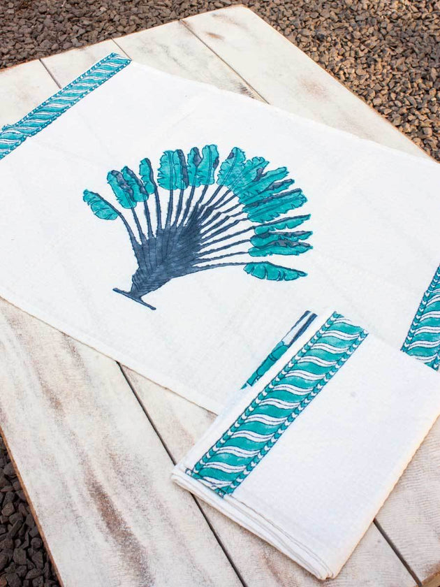 Set of 2 - Palm Block Printed Waffle Hand Towels - Pinklay