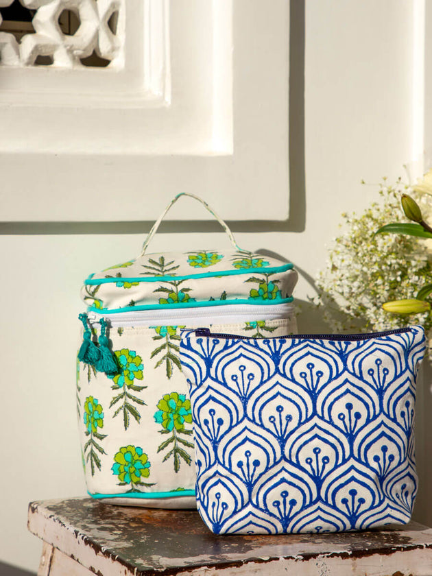 Set of 2 - Megha Block Printed Vanity Case and Travel Pouch - Pinklay